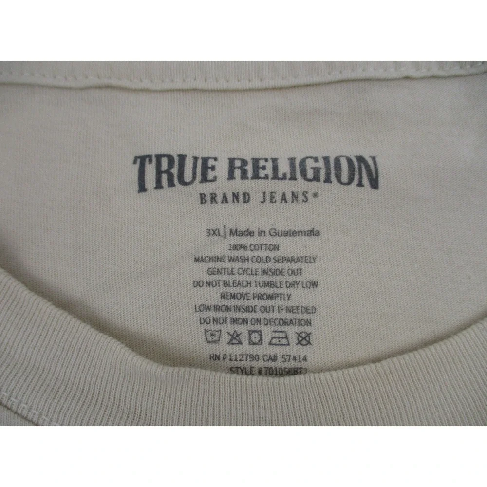 True Religion T-Shirt Mens 3XL Beige Buddha Guitar Horseshoe Graphic 70105BRT